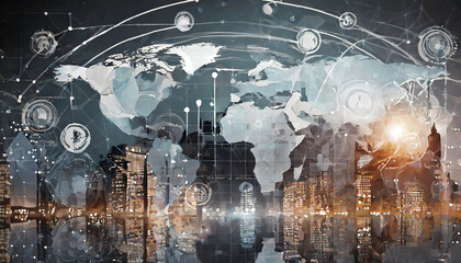 Global connectivity visualized through an artistic map showcasing urban landscapes and digital data interactions at twilight