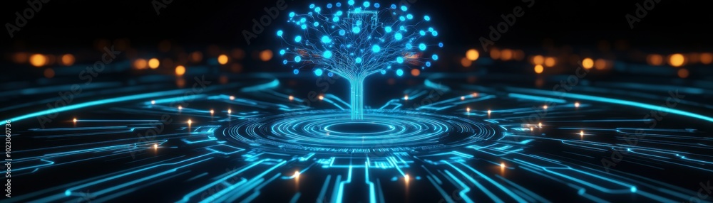 Aufkleber digital tree representing growth and technology in a futuristic landscape