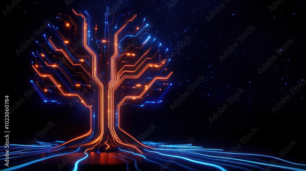 Poster a futuristic tree of life representing technological connectivity