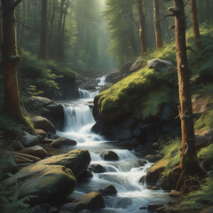 Realistic illustration of rocky small creack with cascade in wild forest.