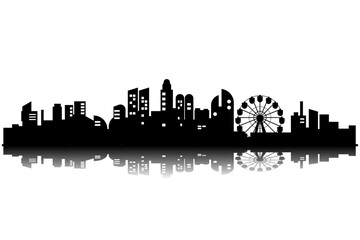 vector skyline of the city with reflection below with ferris wheel