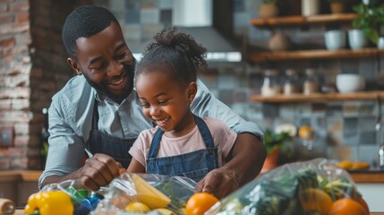 Naklejka premium Father and daughter bonded in the kitchen, smiling and cooking together. Colourful attire, veggies, and closeness depict a joyful family moment shared.