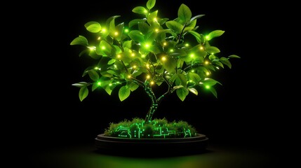 Illuminated Green Tree in a Modern Urban Setting