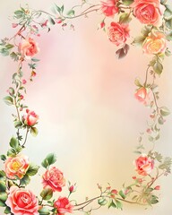 Obraz premium Romantic Floral Frame with Blooming Roses and Delicate Vines on Gradient Background