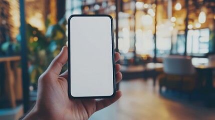 cell phone blank white screen mockup.hand holding texting using mobile on desk at office.background empty space for advertise.work people contact marketing business,technology