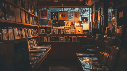 A record store interior with shelves full of vinyl records and posters on the window.