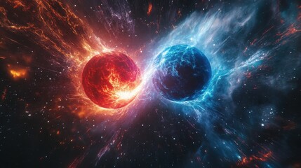 Obraz premium Spheres of Red and Blue Energy Collide in Space