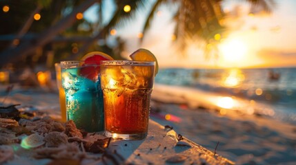 Colorful cocktails on the beach at sunset, perfect for summer relaxation and fun moments with friends and loved ones.
