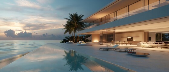 Fototapeta premium A modern house with a beachside pool is highlighted in the image, capturing the sunset's beauty. Luxurious and serene, it features large windows, sunbeds,