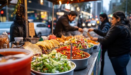 Fototapeta premium Vibrant Street Food Market Stall at Dusk