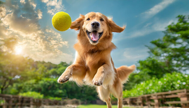 Happy golden retriever jumps in the park to catch a yellow ball during a sunny afternoon