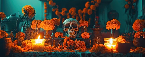 A vibrant altar adorned with marigold flowers, candles, and a decorative skull, celebrating tradition and remembrance.