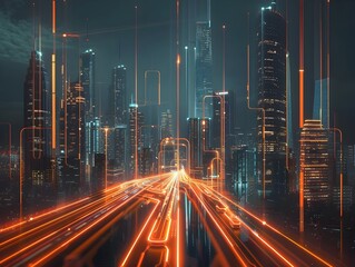 Futuristic Metropolis with Pulsing Energy Lines Across Glowing Skyscrapers