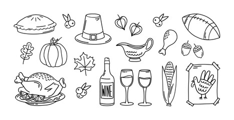 Thanksgiving day vector line elements. Hand drawn Thanksgiving big set. Doodle traditional food, pumpkin, pie, turkey, wine, corn, cranberry sauce and american football ball, pilgrim hat, leaves