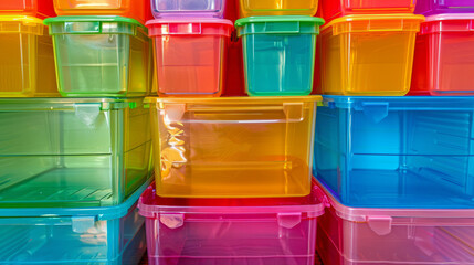 A stack of colorful plastic containers
