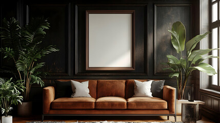 Cozy living room with a brown sofa and decorative plants.