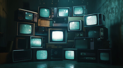 A wall of vintage televisions with static screens in a dark room.