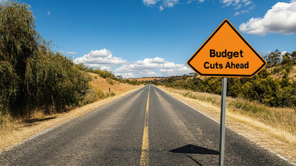 Rural road with "Budget Cuts Ahead" sign under blue sky