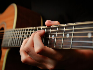 Fototapeta premium Person's fingers pressing chords on an acoustic guitar