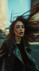 Grainy Blurry Action Shot of Female Model Running Through City Streets, Hair Covering Face, in Loose Leather Shirt