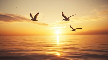 Silhouette of seagulls flying against the orange sky over the ocean at sunset