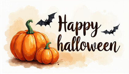 A watercolor-style Halloween greeting with the words "Happy Halloween" in black script. The greeting is accompanied by two pumpkins and two bats flying above a brown watercolor background.
