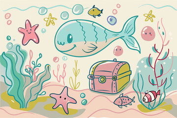 Whimsical Underwater Scene with Colorful Marine Life Illustration
