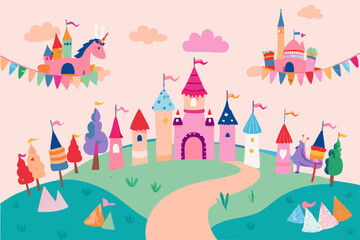 Fototapeta premium Colorful Fairy Tale Kingdom Illustration with Magical Castles and Unicorns