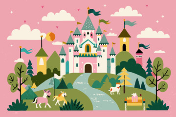 Obraz premium Enchanting Fairytale Castle in a Whimsical Landscape Illustration