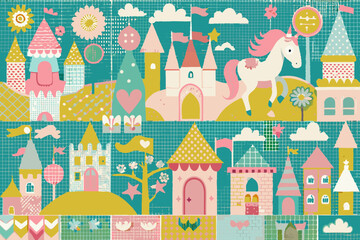 Naklejka premium Whimsical Storybook Fantasy Land with Castles and Unicorn