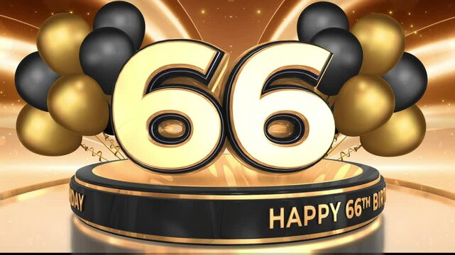 66 years, 66th birthday loop, looped video background, backdrop in 3D Gold with balloons

