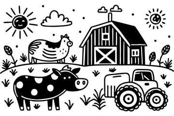Fototapeta premium Charming Black and White Illustration of Farm Life with Animals and Tractor