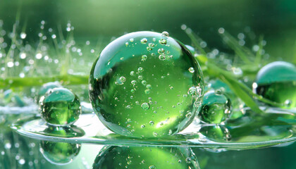 Green bubbles and spheres floating on a reflective surface with vibrant greenery in the background during daytime
