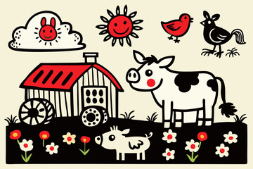 Charming Cartoon Farm Scene with Animals and Sunshine