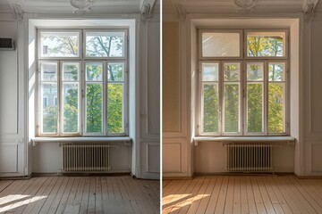 Fototapeta premium The first image shows a room with a window that is open, letting in sunlight, generative ai image