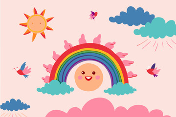Fototapeta premium Cheerful Cartoon Rainbow and Sun with Birds in Pastel Sky