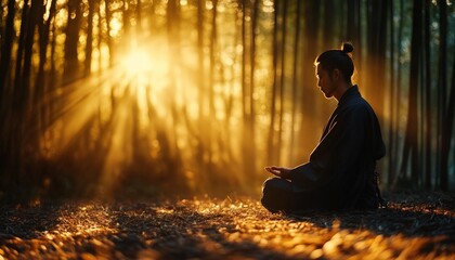 samurai meditating in bamboo forest with sun rays at sunrise