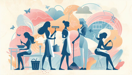 Illustration of diverse women engaging in household chores in a creative, colorful style, symbolizing community and teamwork