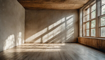 A serene, empty room with wooden flooring and sunlight casting shadows through large windows in a peaceful setting