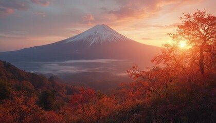 Fototapeta premium Mount Fuji Sunset With Autumn Forest And Sunlight