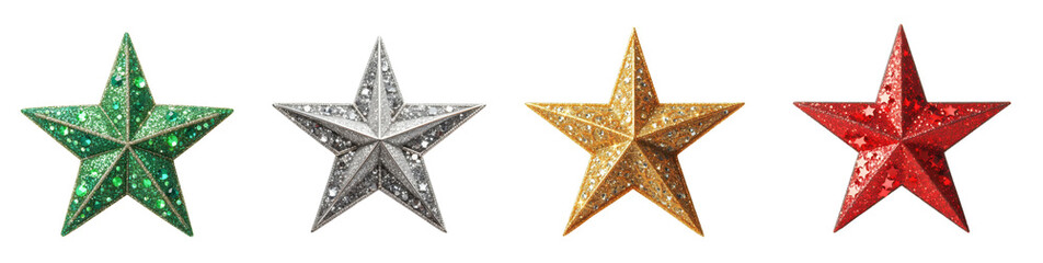 Obraz premium Sparkling Red, Silver, Gold, and Green Star Ornaments with Glittery Texture for Festive and Decorative Themes, Christmas Decoration PNG Image