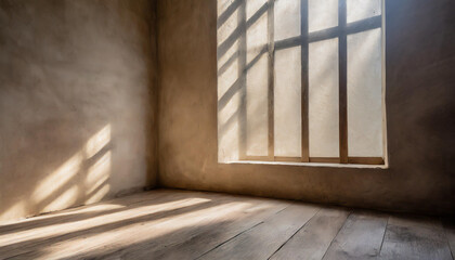A serene interior with soft sunlight streaming through a window, casting shadows on rustic wooden floors in a minimalist room