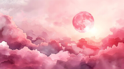 Pink watercolor clouds with full moon.