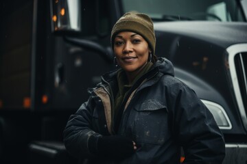 Portrait of a African American female middle aged body positive truck driver