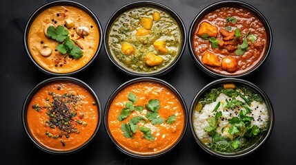 Assorted Indian curries and lentil dishes in black bowls garnished with cilantro and spices on a dark background.