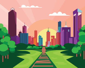 Fototapeta premium The city's silhouette against the horizon, with the city park in the foreground.