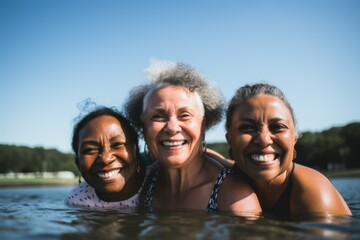 Obraz premium Portrait of a diverse senior women friends swimming in lake