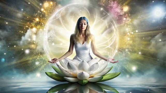 Woman Meditating on a Lotus with Cosmic Energy: Ideal for Spiritual, Yoga, or Meditation-Themed Art