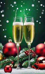 glasses of champagne with christmas decorations