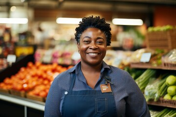 Portrait of a smiling African American female grocery store employee standing in produce aisle